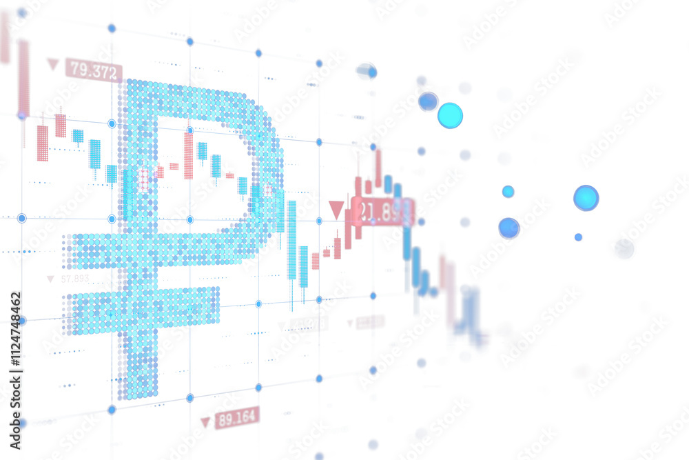 Poster digital ruble symbol made of blue dots overlaying stock market charts, white background, digital sty
