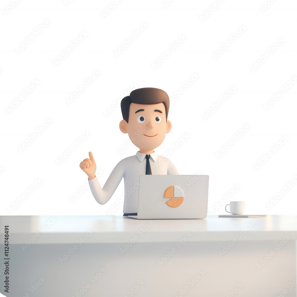 Poster a cheerful 3d character presenting data on a laptop at a modern workspace., isolated on a transparen