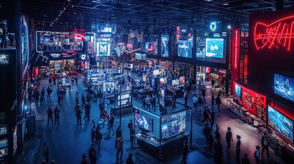 Futuristic gaming convention hall illuminated by neon lights and digital displays. Crowds explore interactive exhibits at esports event with cyberpunk atmosphere