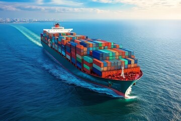 Fototapeta premium Container ship navigates through calm waters near a bustling coastal city at sunset