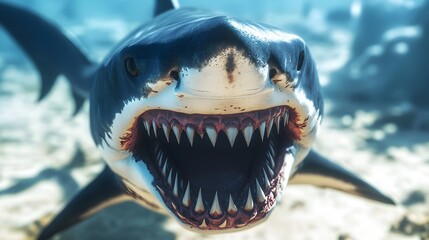 Naklejka premium A close-up of a shark with its mouth open, showcasing sharp teeth underwater.
