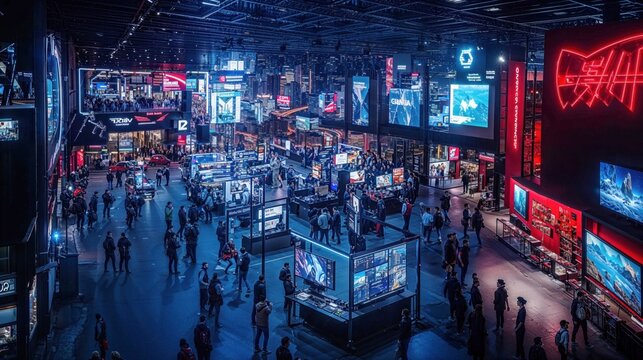 Futuristic gaming convention hall illuminated by neon lights and digital displays. Crowds explore interactive exhibits at esports event with cyberpunk atmosphere