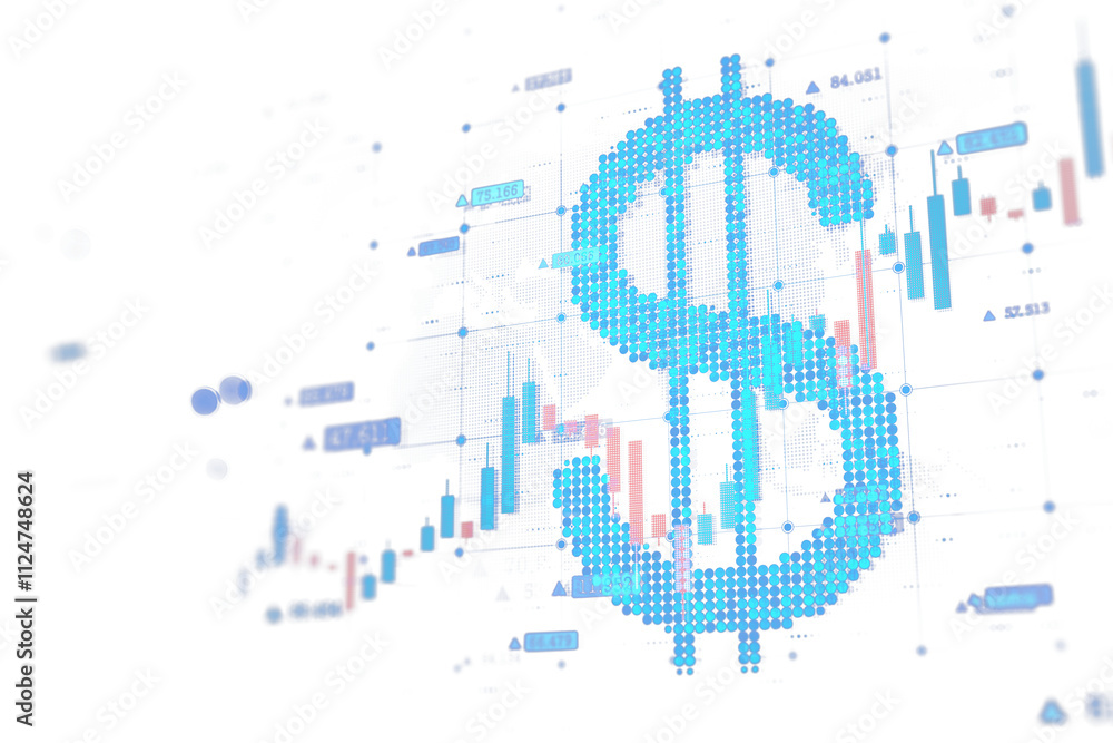 Poster dollar sign in blue dot pattern over bar and line stock chart, clean white background, digital style