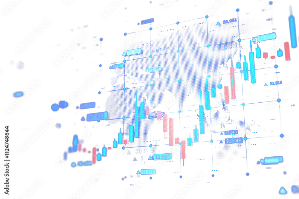 Poster Digital bar charts and global map combined on a white background, showcasing a virtual holographic style. Concept of tech and finance. 3D Rendering.