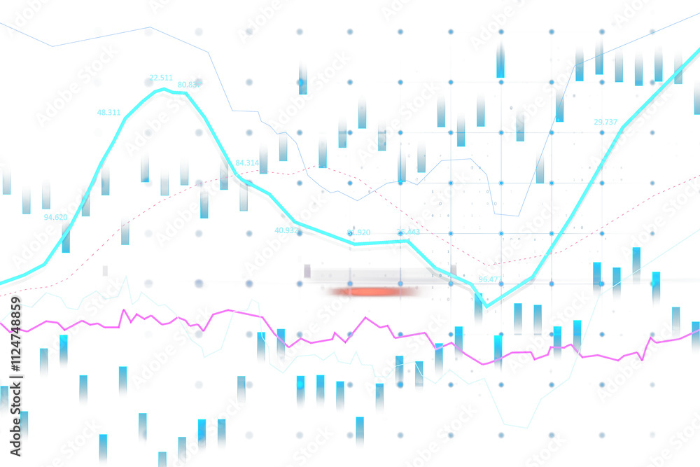 Poster stock market chart with neon lines, blue bars, and grid style on white background, symbolizing virtu