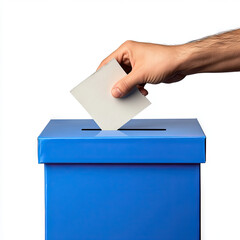 Hand of a person putting paper in a blue ballot box