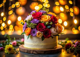 Fototapeta premium A Stunning Low Light Photography Capture of an Elegant Bouquet of Vibrant Flowers Adorning a Deliciously Decorated Cake, Perfect for Celebrations and Special Occasions