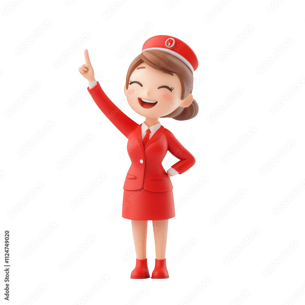 Poster a cheerful cartoon character in a red uniform pointing upwards with a smile., isolated on a transpar