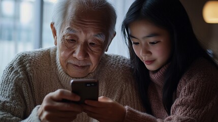 Fototapeta premium Elderly Man Learning to Use a Smartphone with Granddaughter