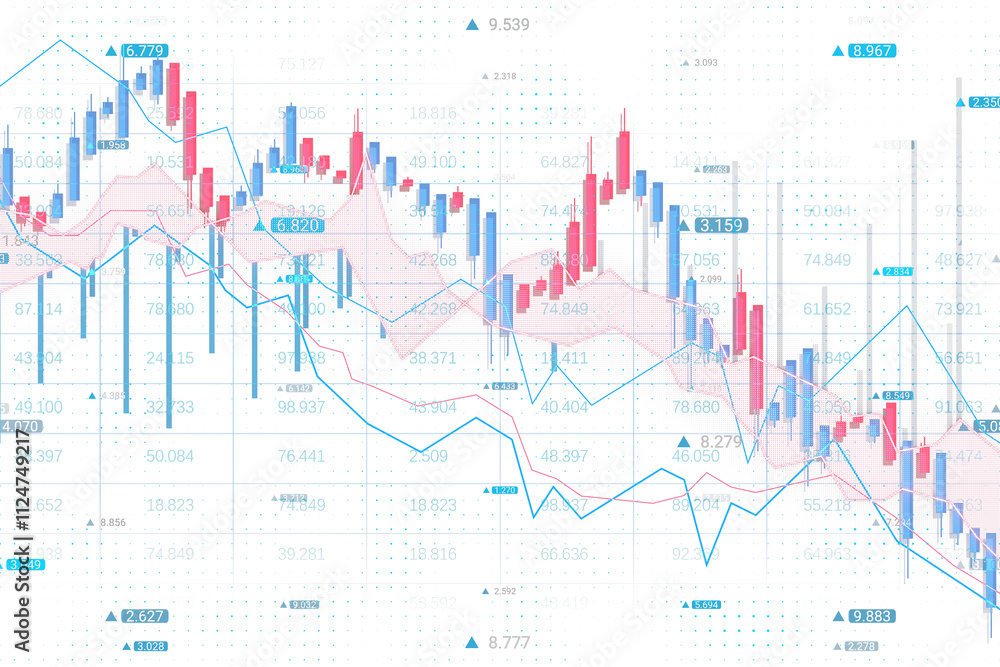 Aufkleber Financial chart featuring candlesticks, lines, and data points in blue and red on a white background. Concept of virtual market analysis. 3D Rendering.