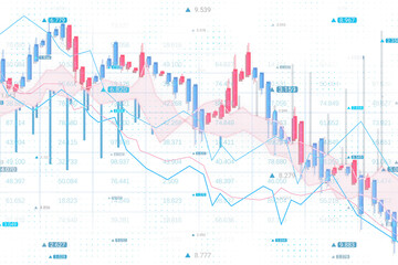 Financial chart featuring candlesticks, lines, and data points in blue and red on a white background. Concept of virtual market analysis. 3D Rendering.