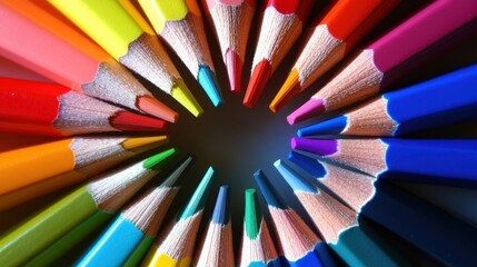 Naklejka premium A creative composition of colored pencils, neatly aligned on a white surface, leaving ample space for educational themes.