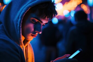Fototapeta premium Young man in hoodie looking at smartphone dark moody lighting crowd in background