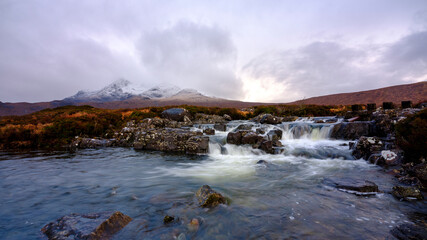 Waterfalls and mountains at Sligachan, Skye