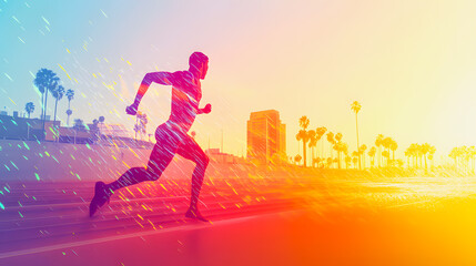 Fototapeta premium Silhouette of a sprinter running on a beach with palm trees with Los Angeles city in the background. Concept of victory and winning. Olympic Games. Los Angeles 2028. Athletics