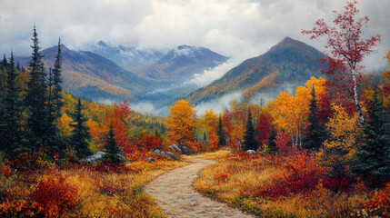 A wide angle shot of a mountain trail surrounded by colorful autumn trees, with distant peaks covered in mist.