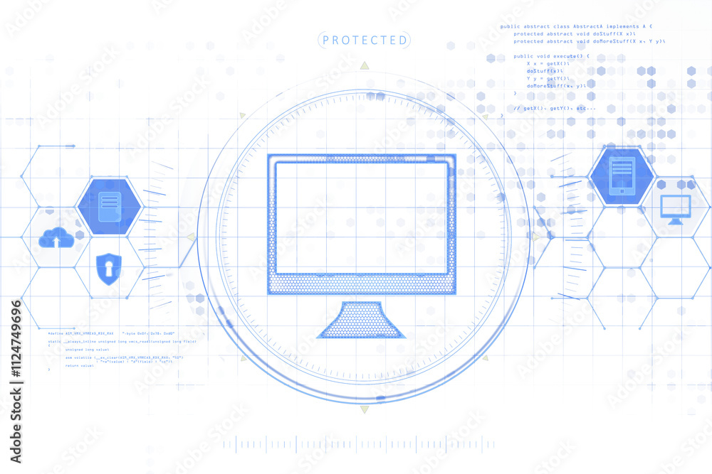 Fototapete Computer in blue outline with hexagonal security and cloud icons. White background. Represents virtual tech protection concept. 3D Rendering.