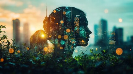 Group collaborating over eco-tech data on a shared digital screen office setting with professional lighting innovation concept