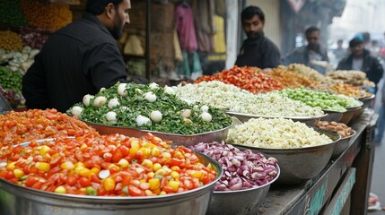 Obraz premium A street vendor preparing food at a bustling outdoor market colorful ingredients displayed with customers waiting in a lively atmosphere