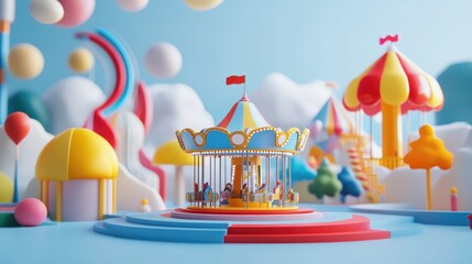A whimsical 3D environment featuring a colorful theme park designed for kids, with playful rides like a carousel and a miniature roller coaster. The scene includes vibrant, minimalist playground