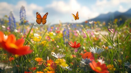 A vibrant meadow filled with wildflowers and butterflies flitting from blossom to blossom.
