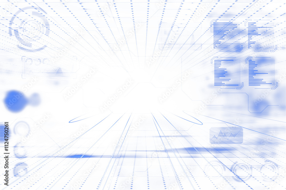 Poster futuristic digital interface with blue holographic elements, white background, clean layout, virtual