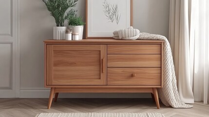 Charming oak sideboard featuring two drawers and one door, accompanied by a wooden chair draped in a beige blanket and a small plant on top