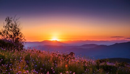 Sunset Majesty: Serene mountain landscape at sunset, wildflowers in the foreground, vibrant colors painting the sky. A breathtaking view of nature's beauty. 