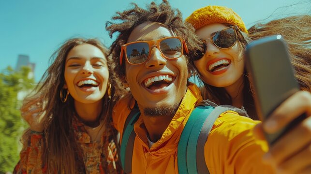 Laughing group of friends taking selfies outdoors vibrant clothing and sunny park background casual and joyful setting