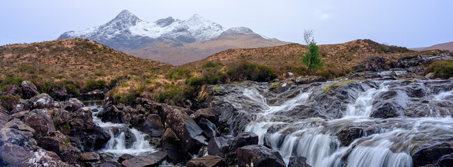 Waterfalls and mountains at Sligachan, Skye