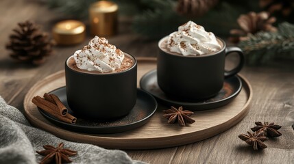 festive composition with hot chocolate cups topped with whipped cream and cinnamon warm cozy setup with soft natural lighting