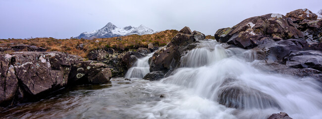 Waterfalls and mountains at Sligachan, Skye