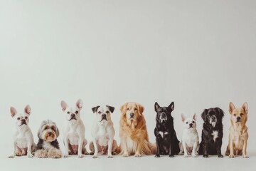 Various dog breeds of different sizes are sitting together, striking a pose against a light background that offers ample copy space. Generative AI