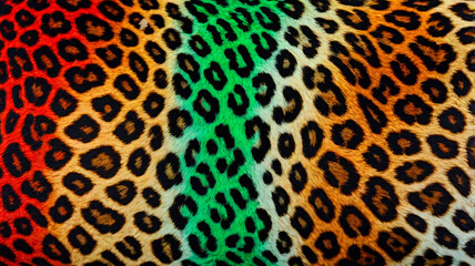 Obraz premium A vibrant and dynamic leopard print pattern with overlapping, irregular spots. Bold colors of black, orange, green, red create an energetic design, adding a modern twist to the classic leopard print.