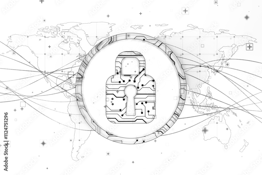 Poster Digital padlock with circuitry in a circular frame, world map background with connecting lines, holographic style, concept of cybersecurity. 3D Rendering.