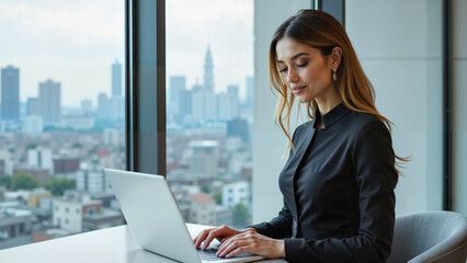 Pewna siebie kobieta w eleganckim stroju biznesowym pracuje na laptopie w nowoczesnym biurze z dużymi oknami i widokiem na miasto. Naturalne światło podkreśla jej profesjonalizm i skupienie.
