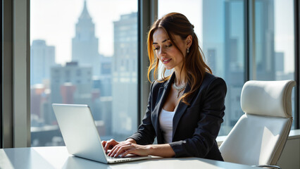 Pewna siebie kobieta w eleganckim stroju biznesowym pracuje na laptopie w nowoczesnym biurze z dużymi oknami i widokiem na miasto. Naturalne światło podkreśla jej profesjonalizm i skupienie.