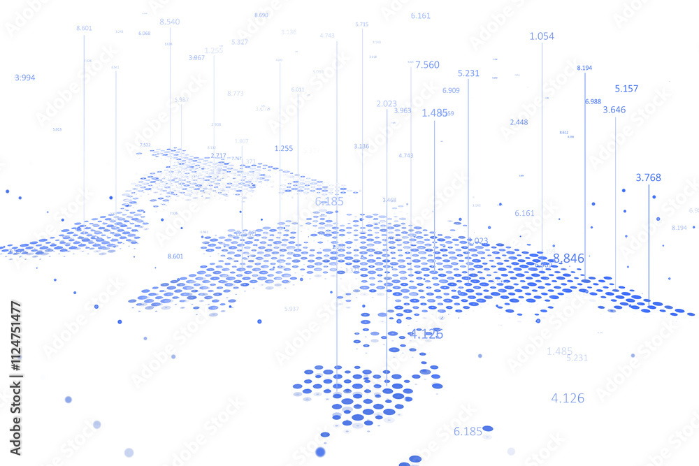 Aufkleber Abstract digital world map made of blue dots and vertical lines, numerical data overlay, minimalistic design, white background, tech concept. 3D Rendering.