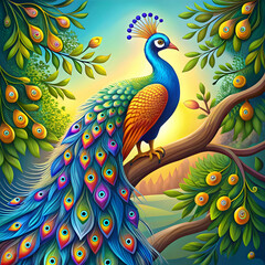 Fototapeta premium vibrant vector illustration of a peacock on a tree