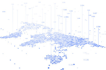Abstract digital world map made of blue dots and vertical lines, numerical data overlay, minimalistic design, white background, tech concept. 3D Rendering. © Who is Danny