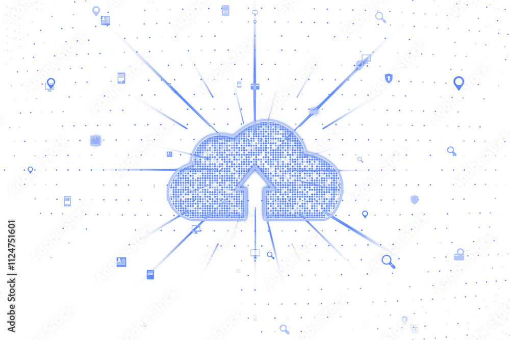 Poster cloud graphic with digital network icons, blue dotted style, white background. concept of data stora
