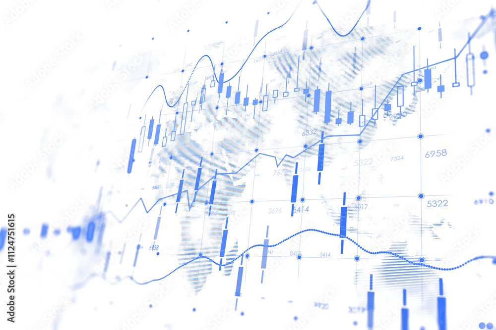 Poster abstract financial chart with blue candlesticks, lines, and data points on a white background, showi