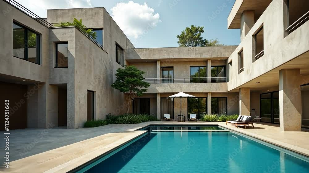Poster modern architectural design with spacious courtyard and serene pool area in a contemporary setting
