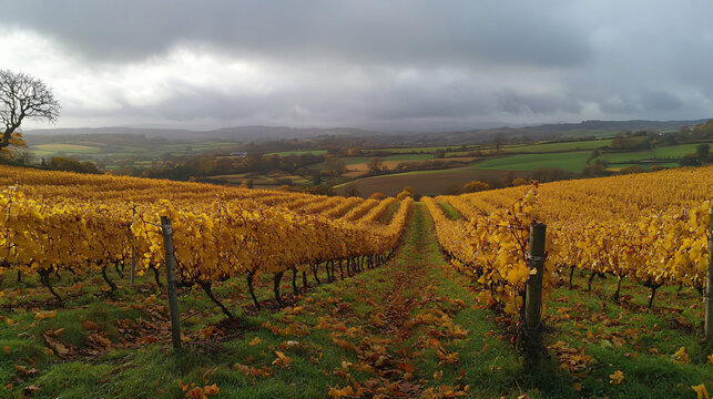 A wide view of a vineyard covered in golden autumn leaves, with rolling hills in the background and misty clouds above