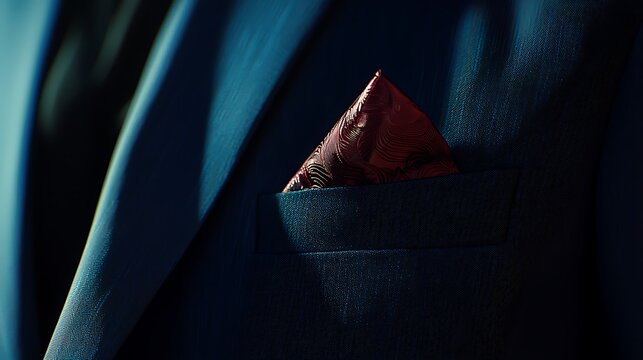 A man is wearing a blue suit and a red pocket square