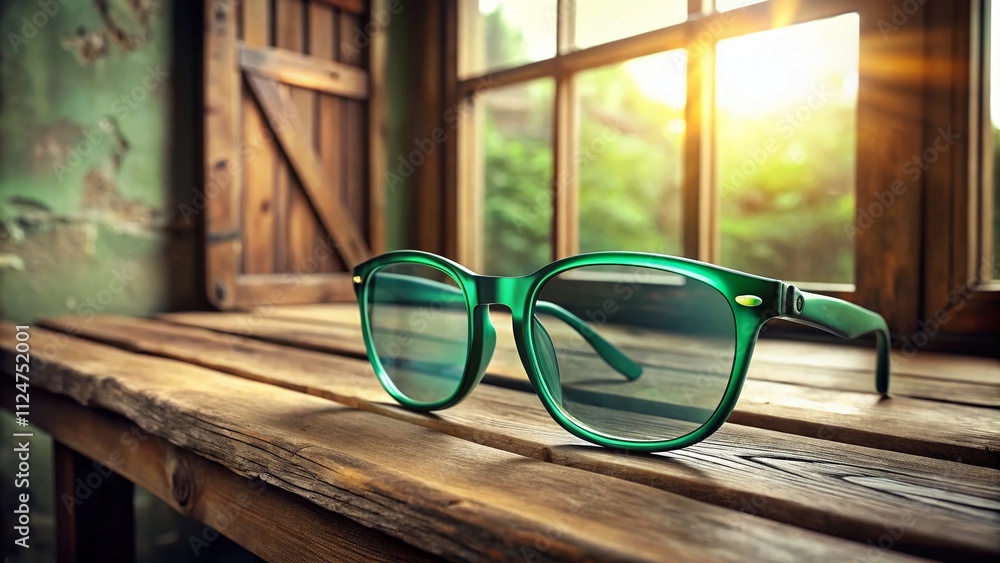Poster a stylish display of emerald spectacles on a windowsill next to a table, capturing the essence of co