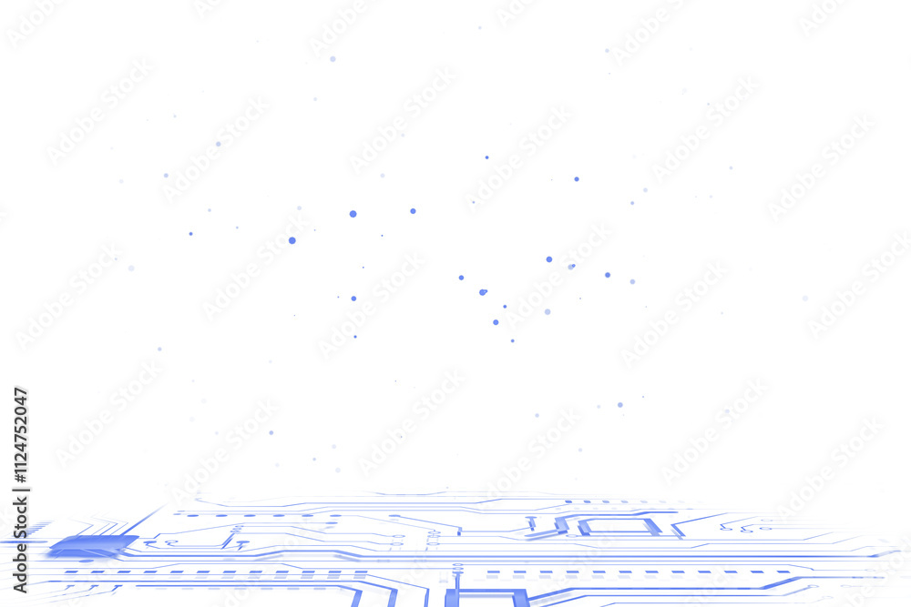 Poster circuit board design in blue lines with scattered dots, futuristic style, white background. concept 