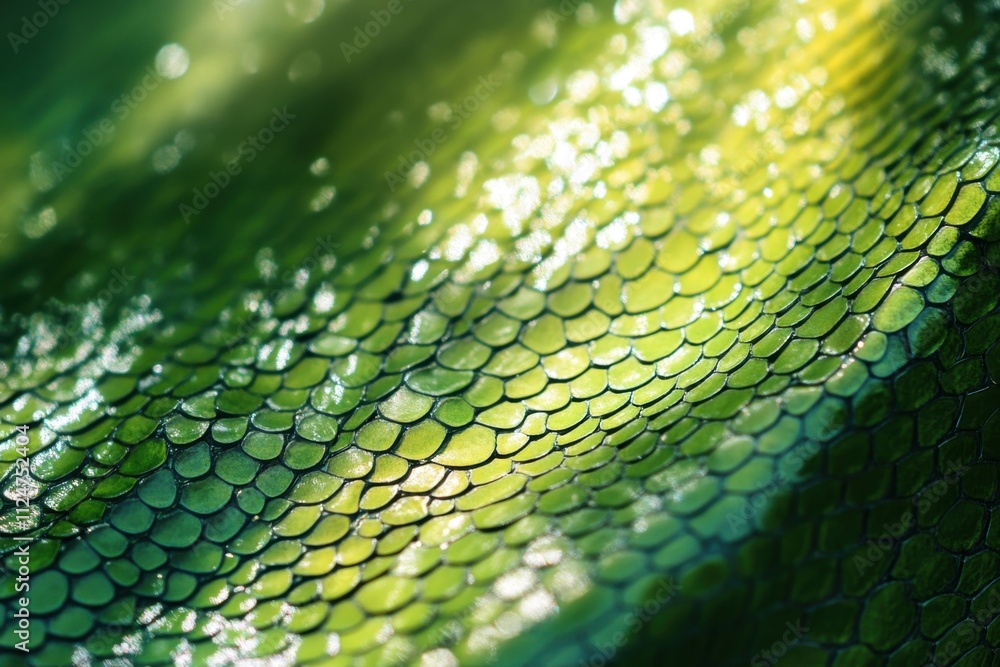 Poster A close-up of the green scales on an enchanted snake's back, shimmering under the sunlight, creating intricate patterns and textures that showcase its unique beauty.