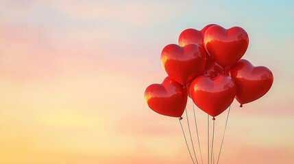 cluster of red balloons in heart shapes floats gently against pastel sky softly illuminated with generous copy space