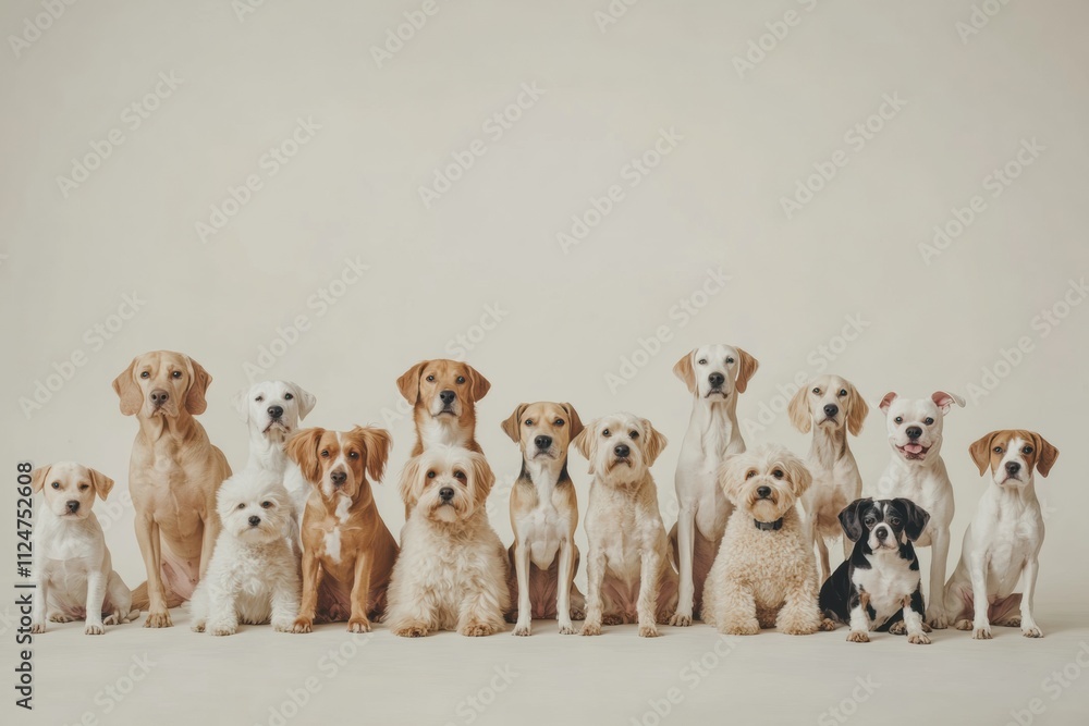 Poster a cheerful gathering of dogs of different breeds and sizes sits together in a line, showcasing their